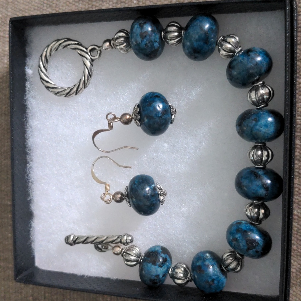 Blue Apatite Silver Beaded Jewelry Set, Bracelet & Earrings, New 7 1/2", Genuine